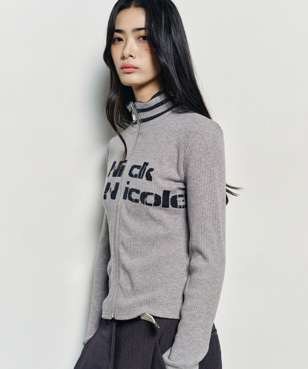닉앤니콜(NICK&NICOLE) NICOLE SLIM RIBBED KNIT ZIP UP_GRAY