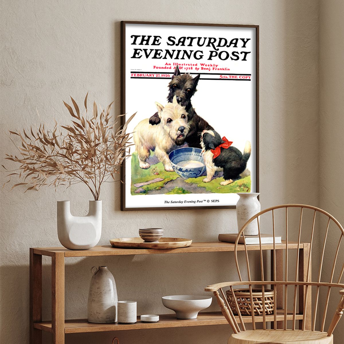 더 새터데이 이브닝 포스트(THE SATURDAY EVENING POST) SEP Framed Poster_Cat Guards Bowl of Milk
