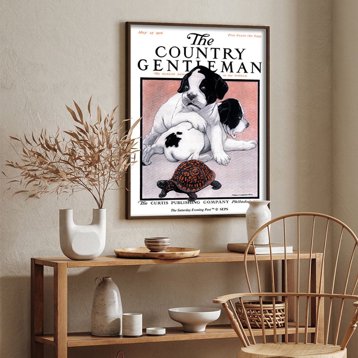 더 새터데이 이브닝 포스트(THE SATURDAY EVENING POST) SEP Framed Poster_Puppies and Box Turtle