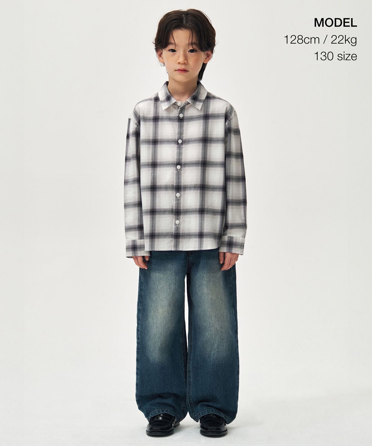 무신사 스탠다드 키즈(MUSINSA STANDARD KIDS) 릴렉스드 옴브레 체크 셔츠 [화이트/블랙]