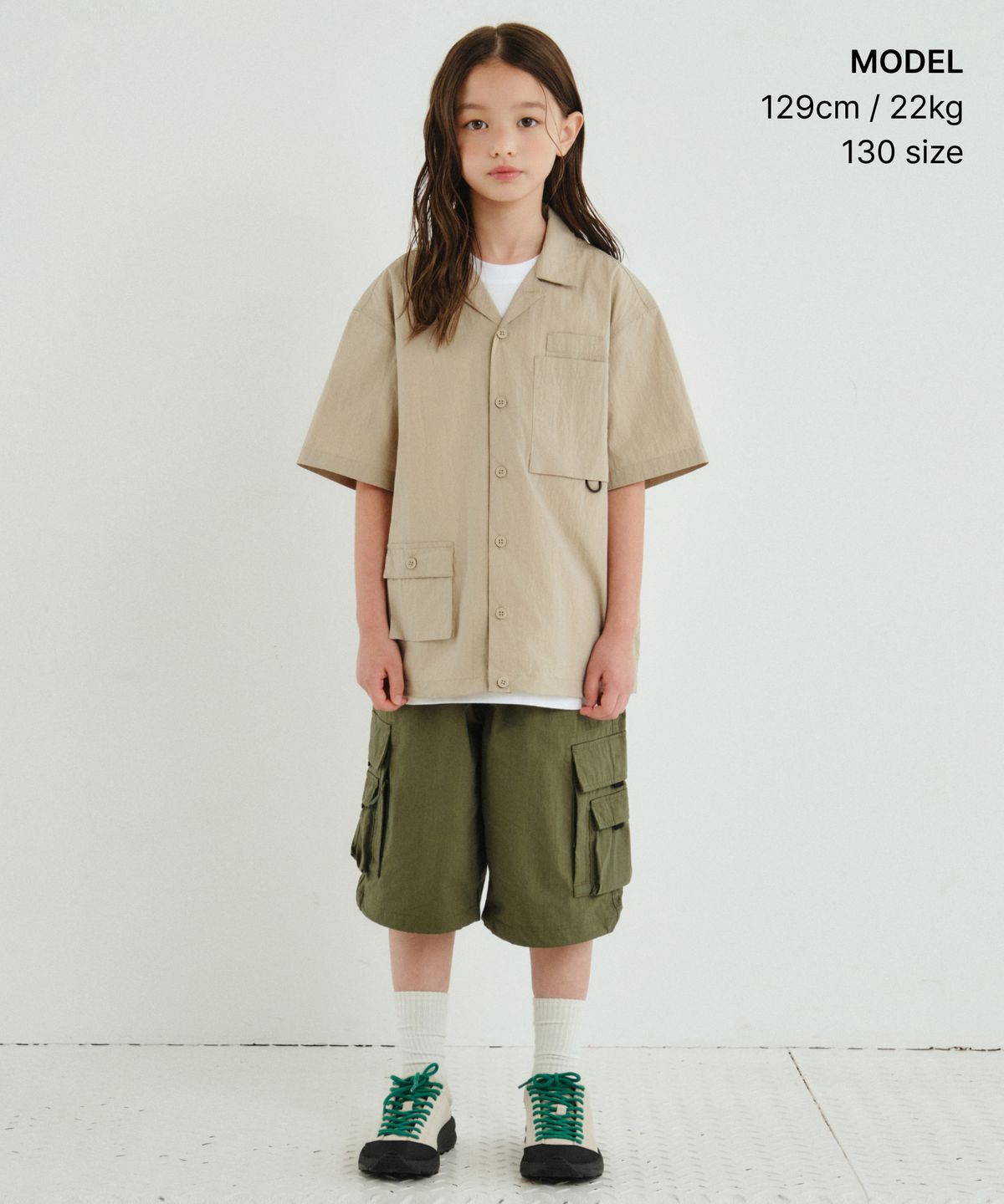무신사 스탠다드 키즈(MUSINSA STANDARD KIDS) [시티 레저] CN 오버사이즈 글래시스 포켓 반소매 셔츠 [그레이쉬 베이지]