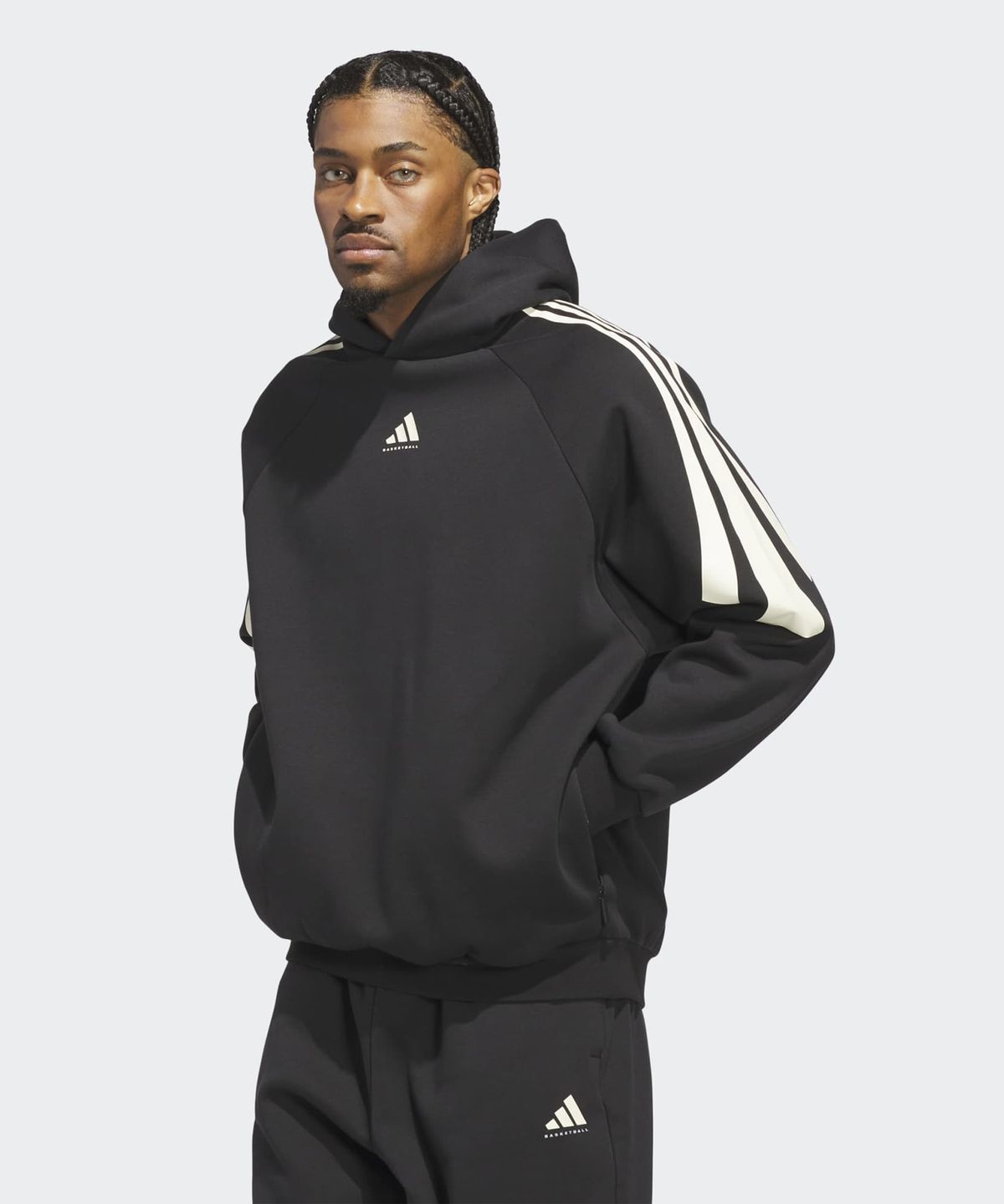 아디다스(ADIDAS) 바스켓볼 3-스트라이프 플리스 후디 - 블랙 / JZ7914