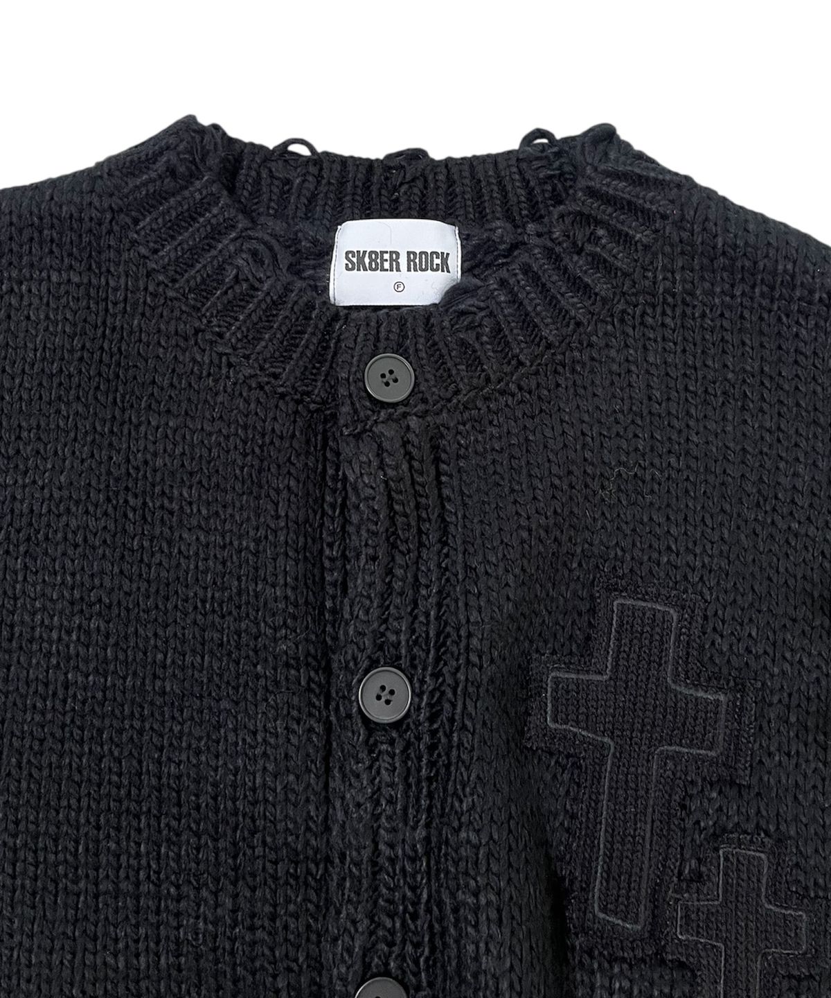 스케이터락(SK8ER ROCK) Cross Destroyed Tassel Knit Cardigan ((black))