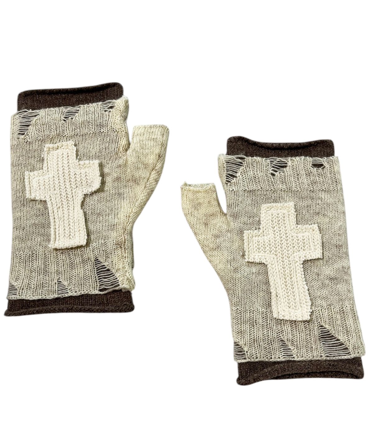 스케이터락(SK8ER ROCK) Cross Layerd Finger Knit Gloves ((oatmeal*brown))