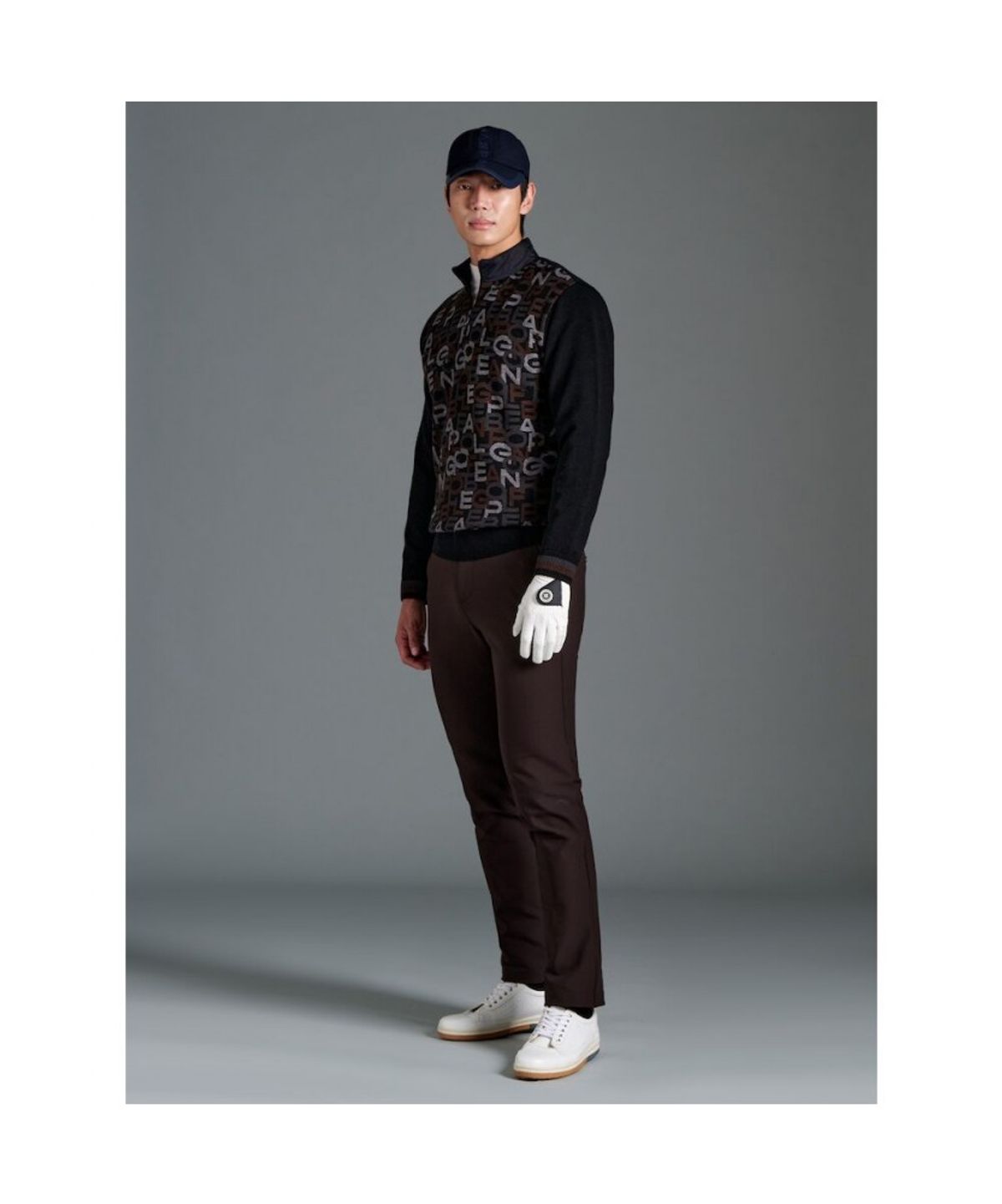 빈폴골프(BEANPOLE GOLF) 남성 방풍 로고 자카드 반집업 니트 - 블랙