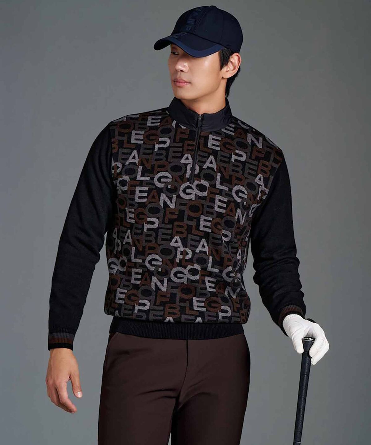 빈폴골프(BEANPOLE GOLF) 남성 방풍 로고 자카드 반집업 니트 - 블랙