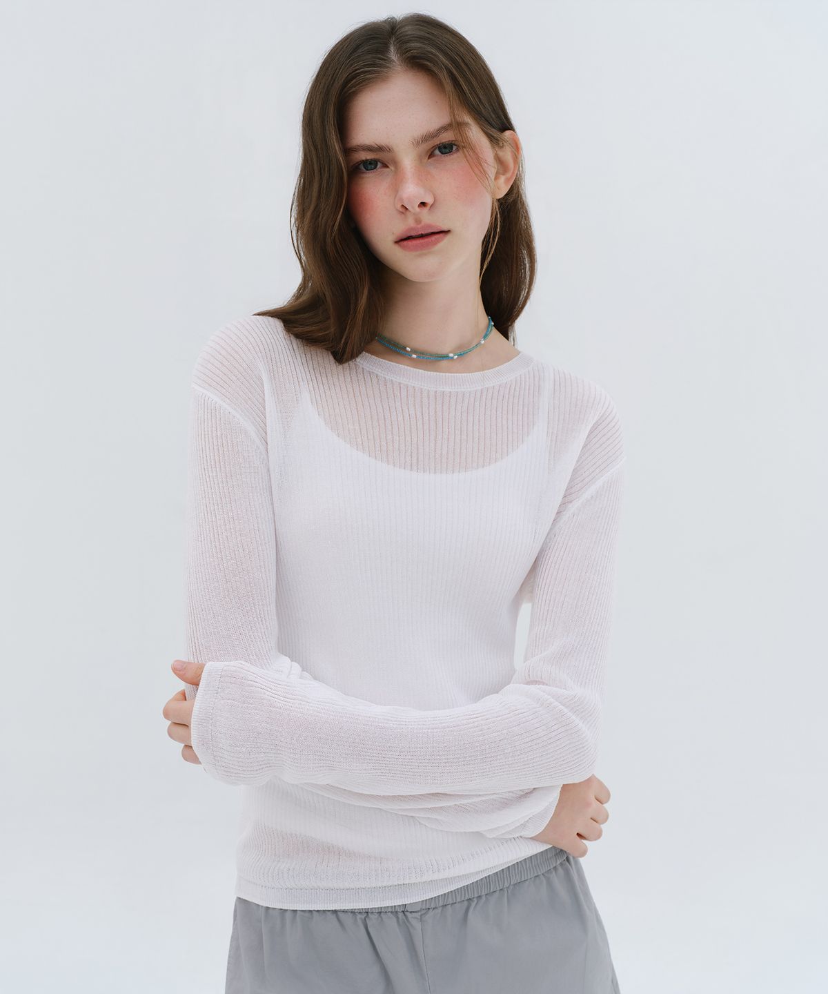 무신사 스탠다드 우먼(MUSINSA STANDARD WOMAN) 우먼즈 린넨 블렌드 리브드 시어 니트 [화이트]