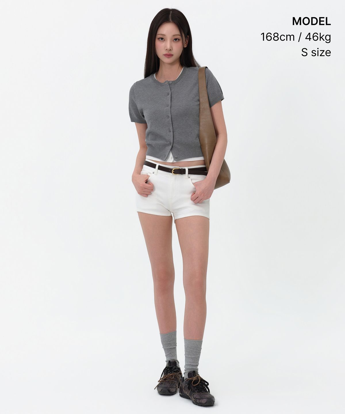 무신사 스탠다드 우먼(MUSINSA STANDARD WOMAN) 우먼즈 에센셜 라운드 넥 반소매 가디건 [미디엄 그레이]
