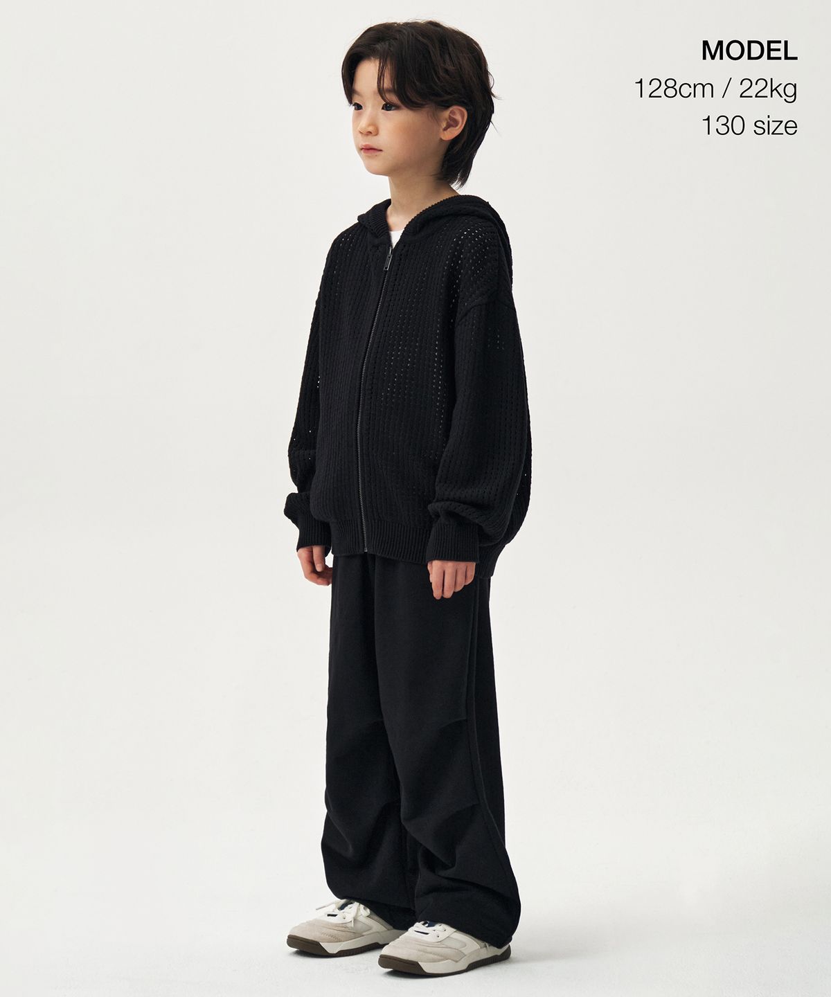 무신사 스탠다드 키즈(MUSINSA STANDARD KIDS) 크로셰 니트 후디드 집업 [블랙]