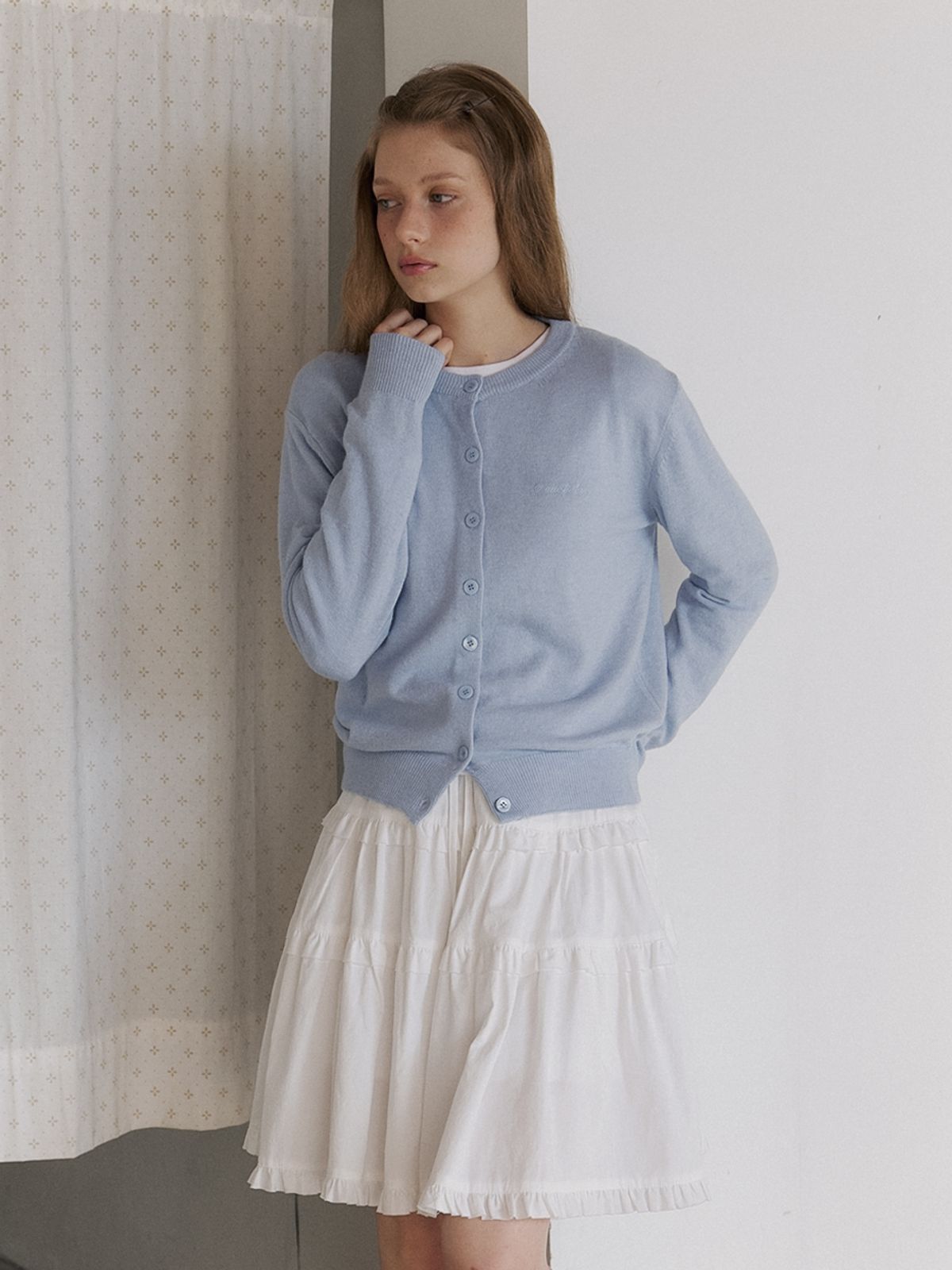 카인더베이비(KINDABABY) basic logo knit cardigan - powder blue