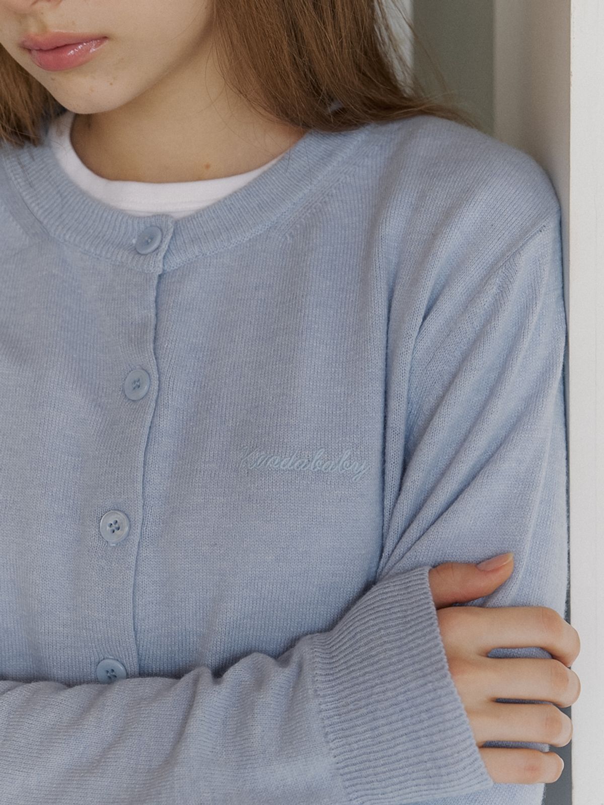 카인더베이비(KINDABABY) basic logo knit cardigan - powder blue