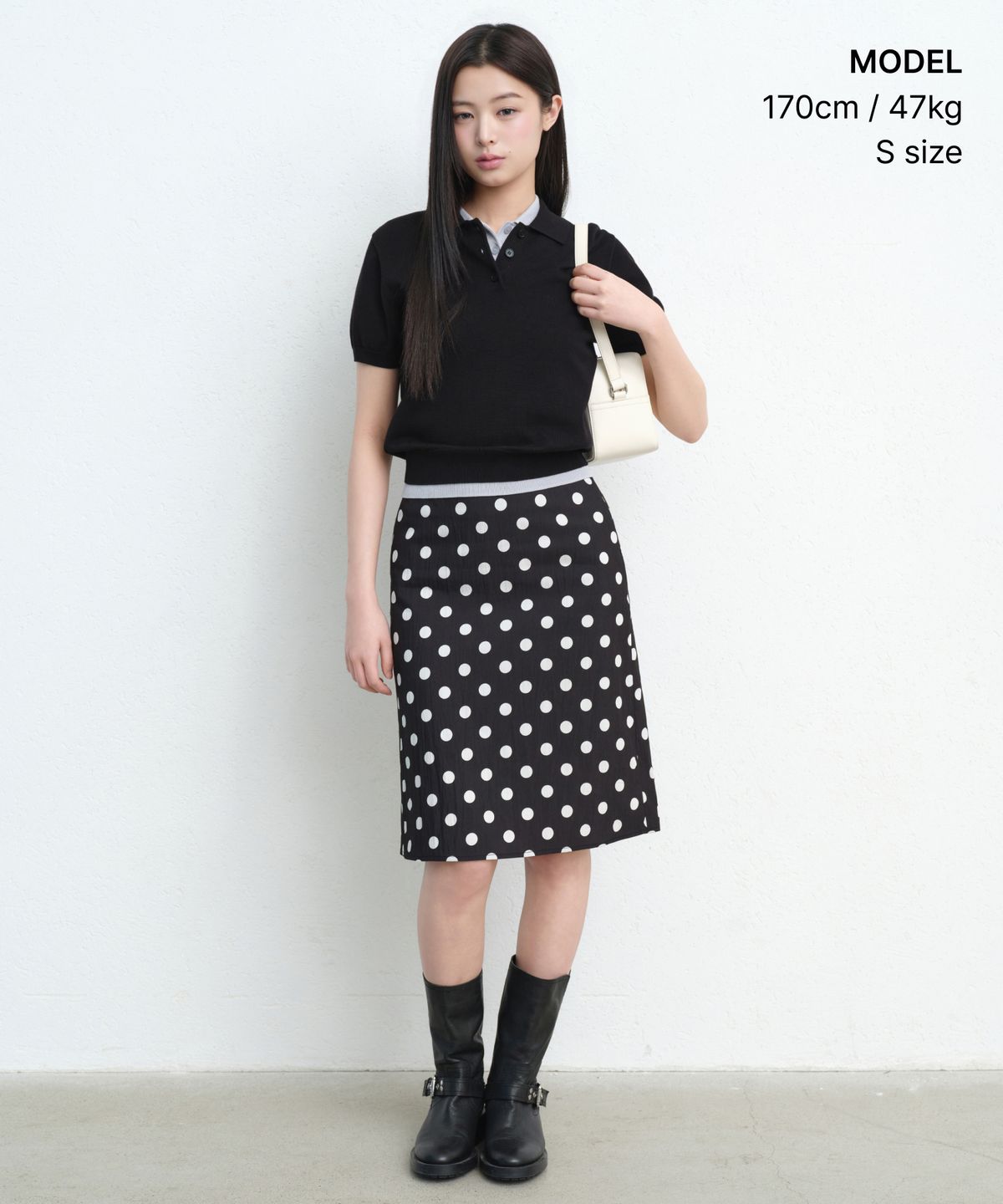 무신사 스탠다드 우먼(MUSINSA STANDARD WOMAN) 우먼즈 폴카 도트 니 렝스 스커트 [블랙]