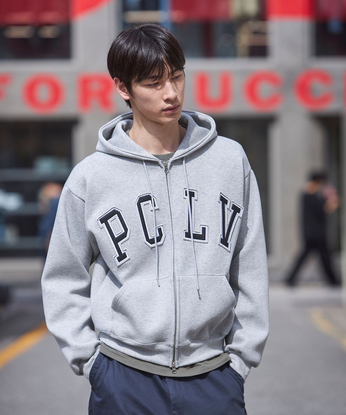 피오엘(POL) PCLV 이중 아플리케 후드집업_그레이