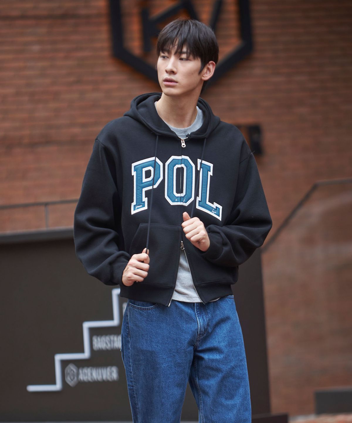 피오엘(POL) POL 이중 아플리케 후드집업_블랙
