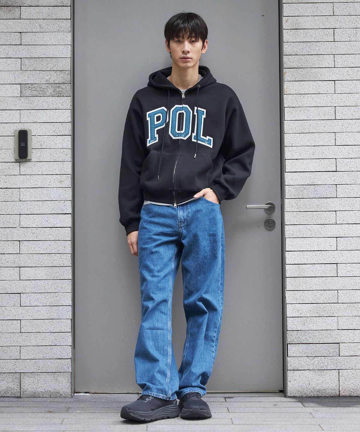 피오엘(POL) POL 이중 아플리케 후드집업_블랙