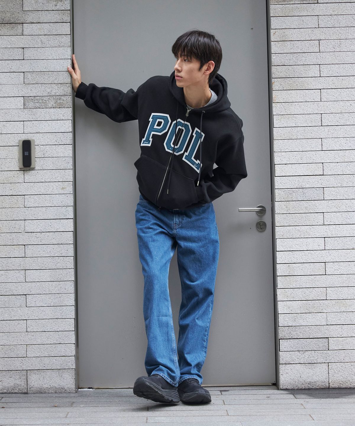 피오엘(POL) POL 이중 아플리케 후드집업_블랙