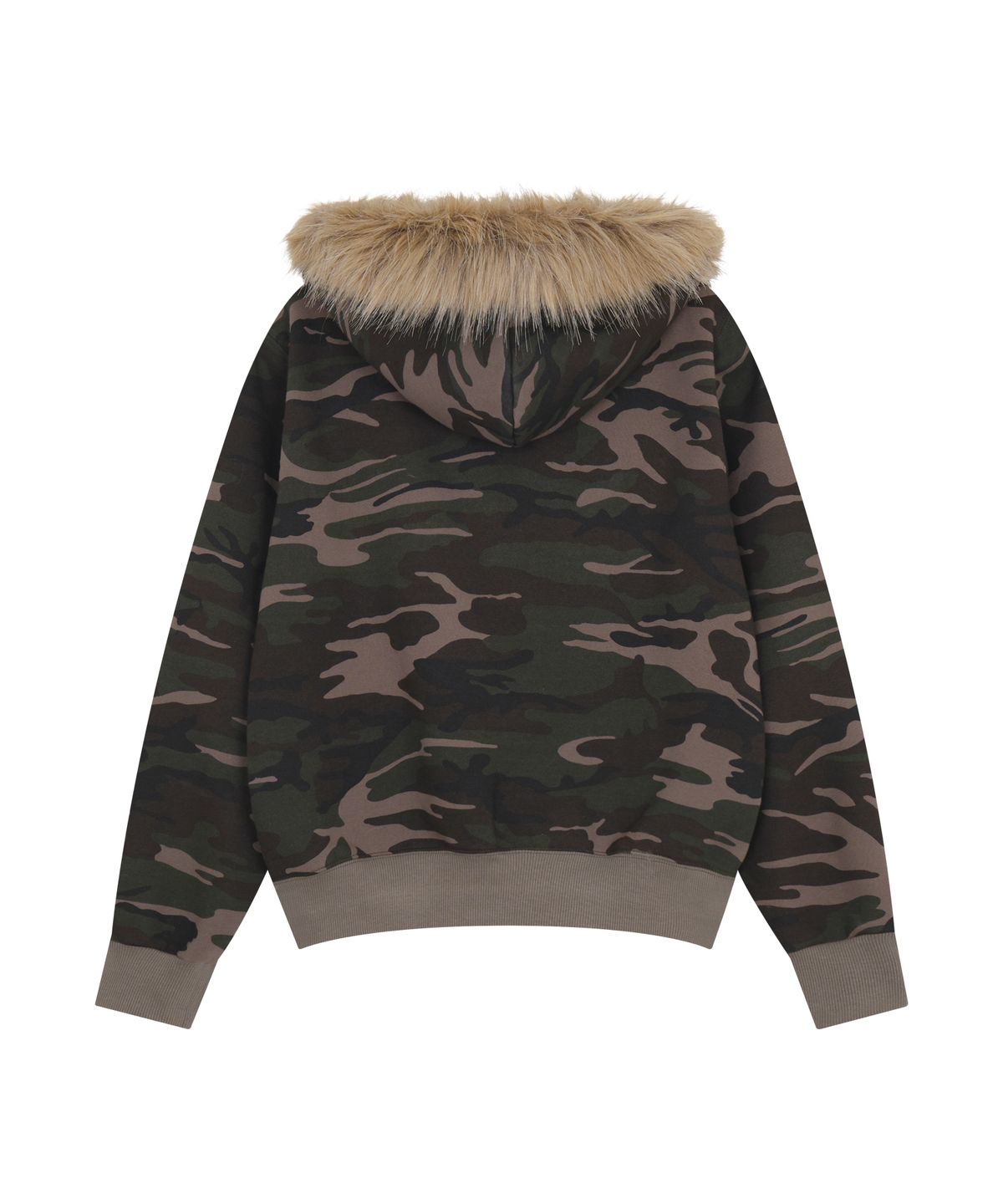 드렁크텍스트(DRUNKTXT) [Woman] Pleather Patch Fur Zip-Up Hoodie Camo