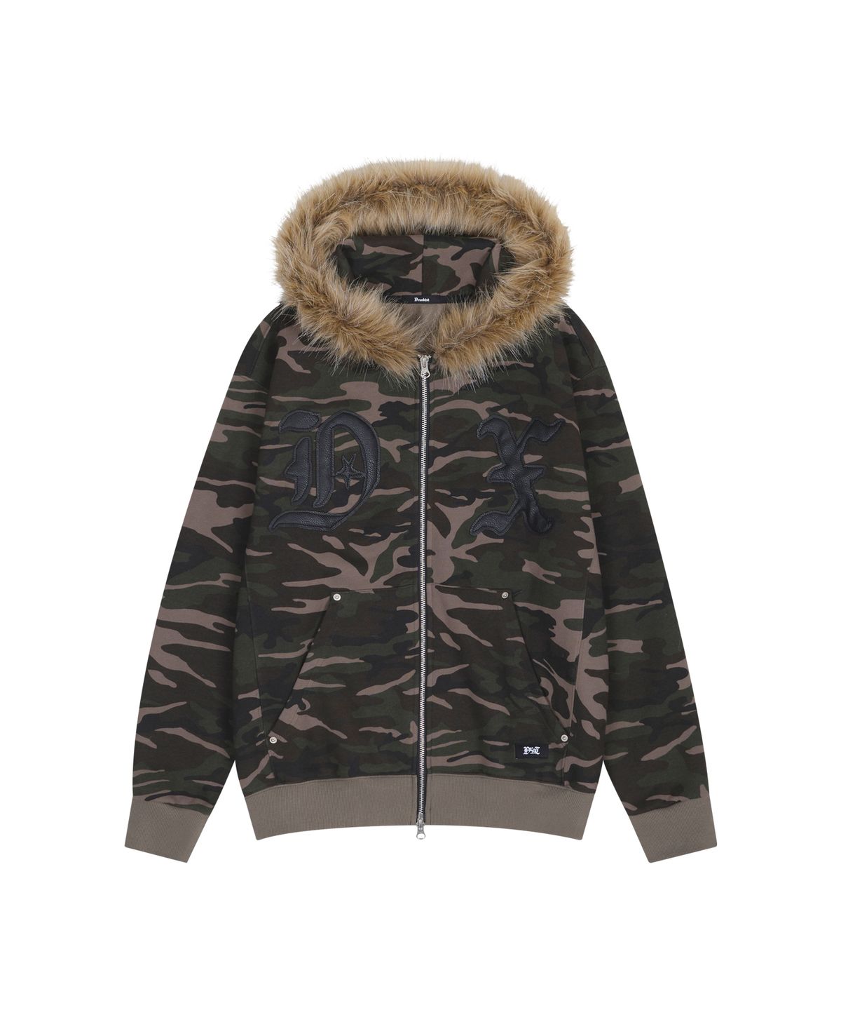 드렁크텍스트(DRUNKTXT) Pleather Patch Fur Zip-Up Hoodie Camo