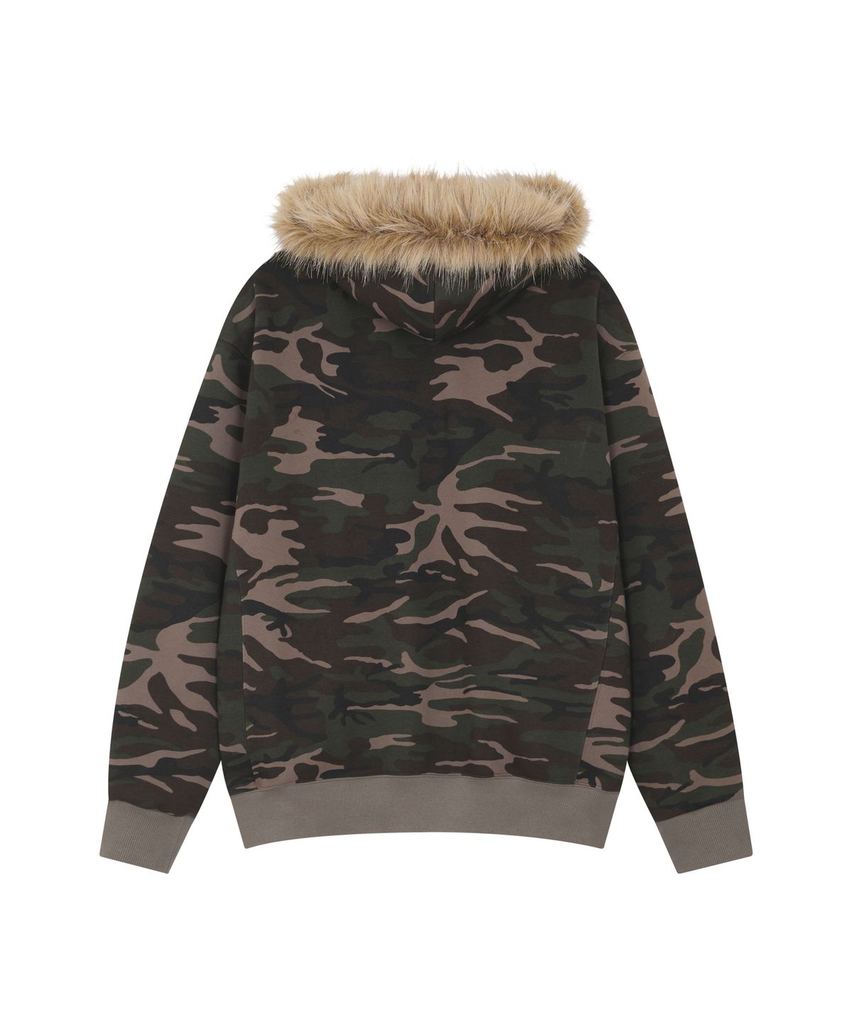 드렁크텍스트(DRUNKTXT) Pleather Patch Fur Zip-Up Hoodie Camo