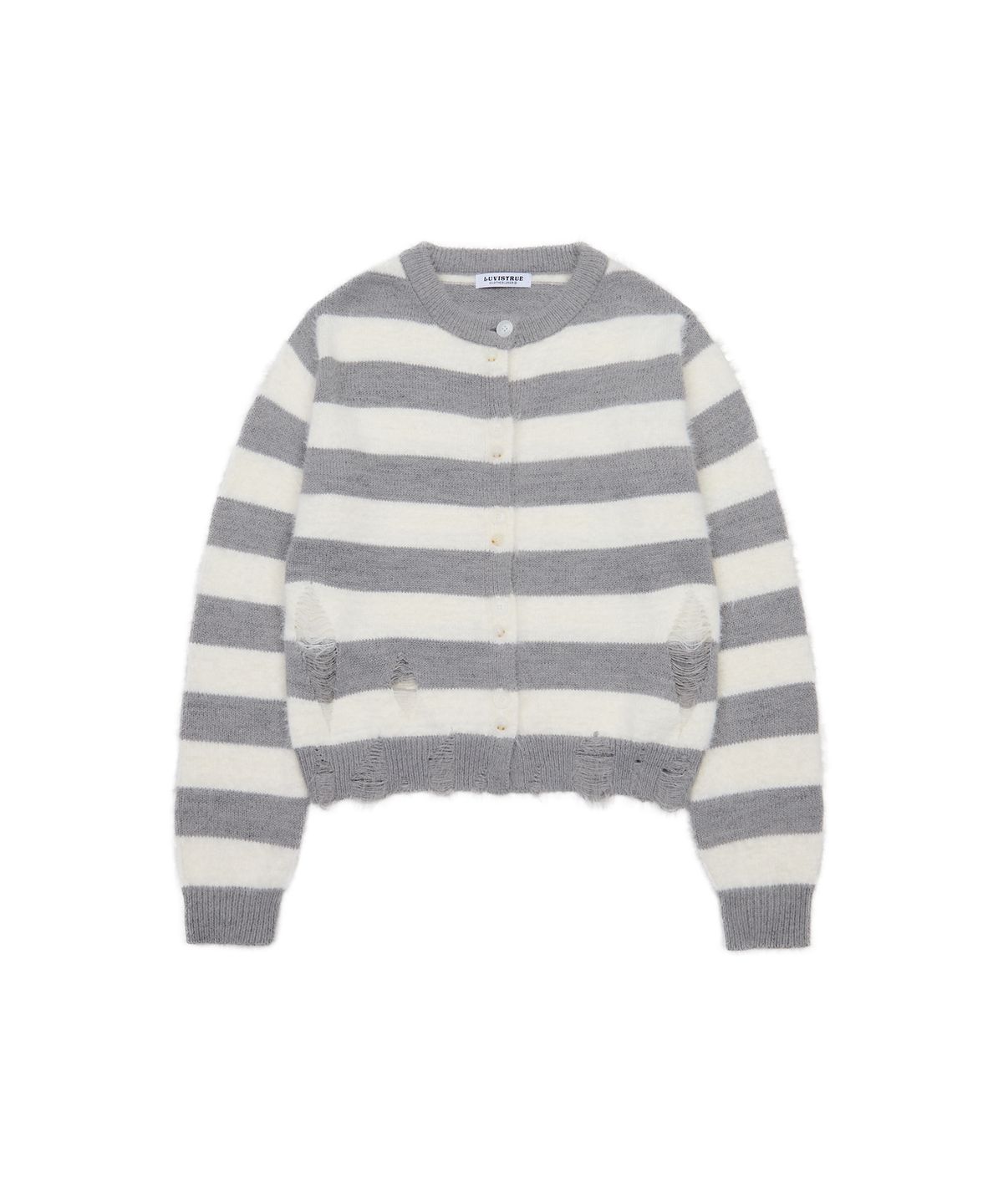 러브이즈트루(LUVISTRUE) EV STRIPE DAMAGE CARDIGAN(GRAY)