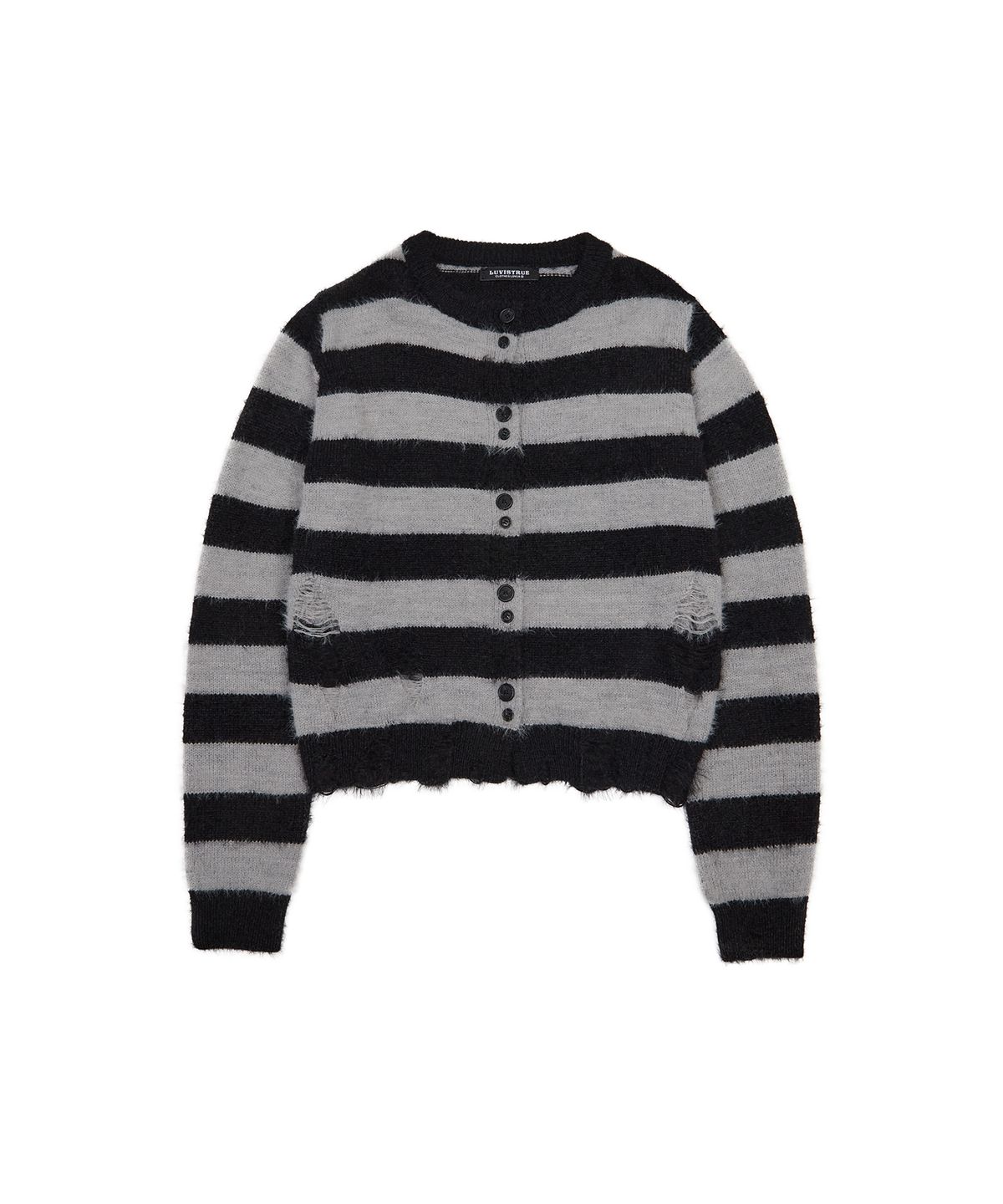 러브이즈트루(LUVISTRUE) EV STRIPE DAMAGE CARDIGAN(BLACK)