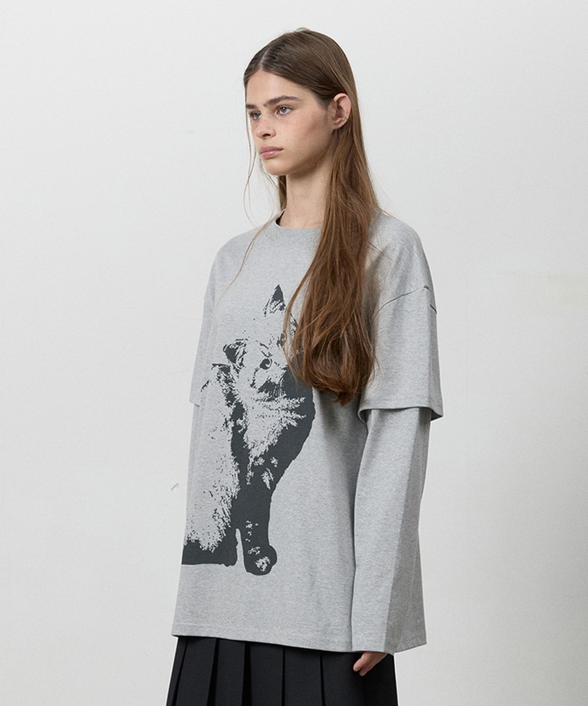 쓰리투에이티(THREE TO EIGHTY) [2nd REORDER] DOUBLE LONG SLEEVE CAT TEE M.GREY