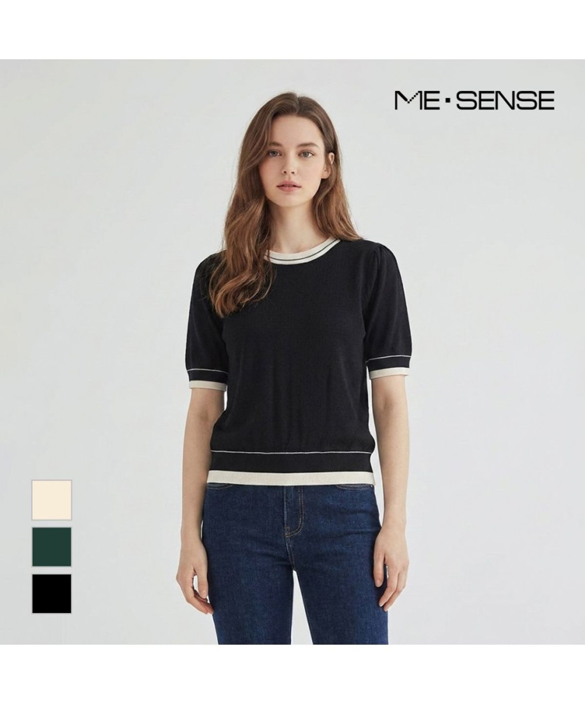 미센스(MESENSE) 라운드넥 배색 반팔 니트_MB48KNS305Z