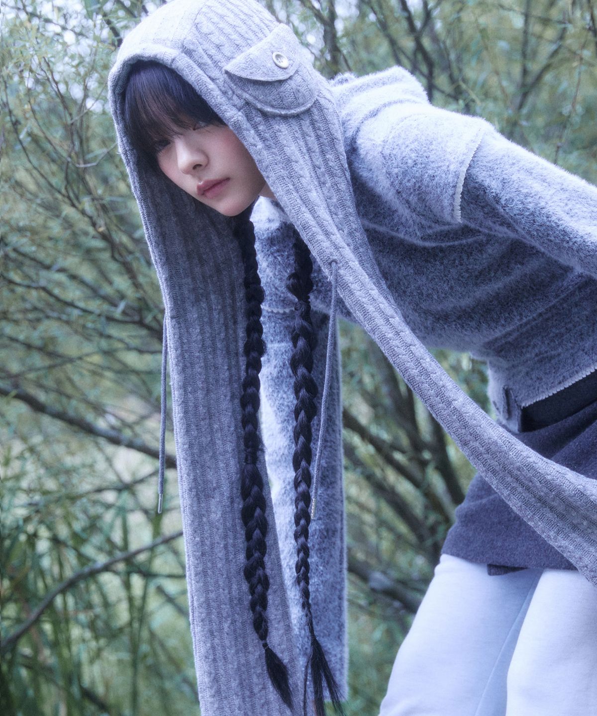 퓨레(PUREE) Pocket hoodie muffler Grey Melange