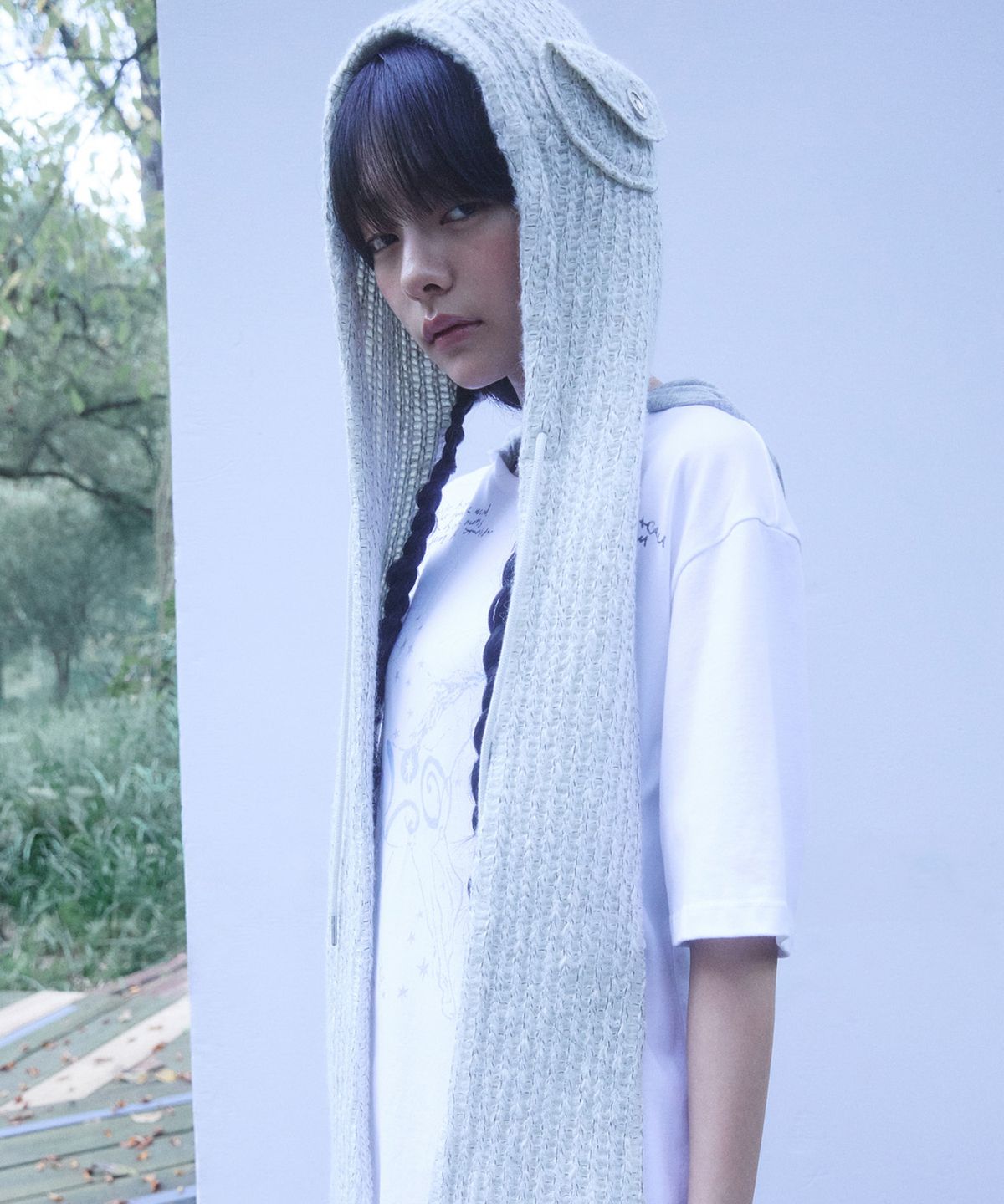 퓨레(PUREE) Pocket hoodie muffler White