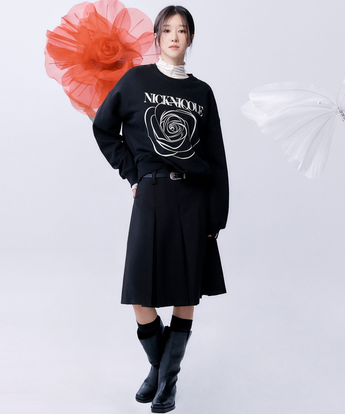 닉앤니콜(NICK&NICOLE) LOW-RISE MIDI PLEAT SKIRT_BLACK