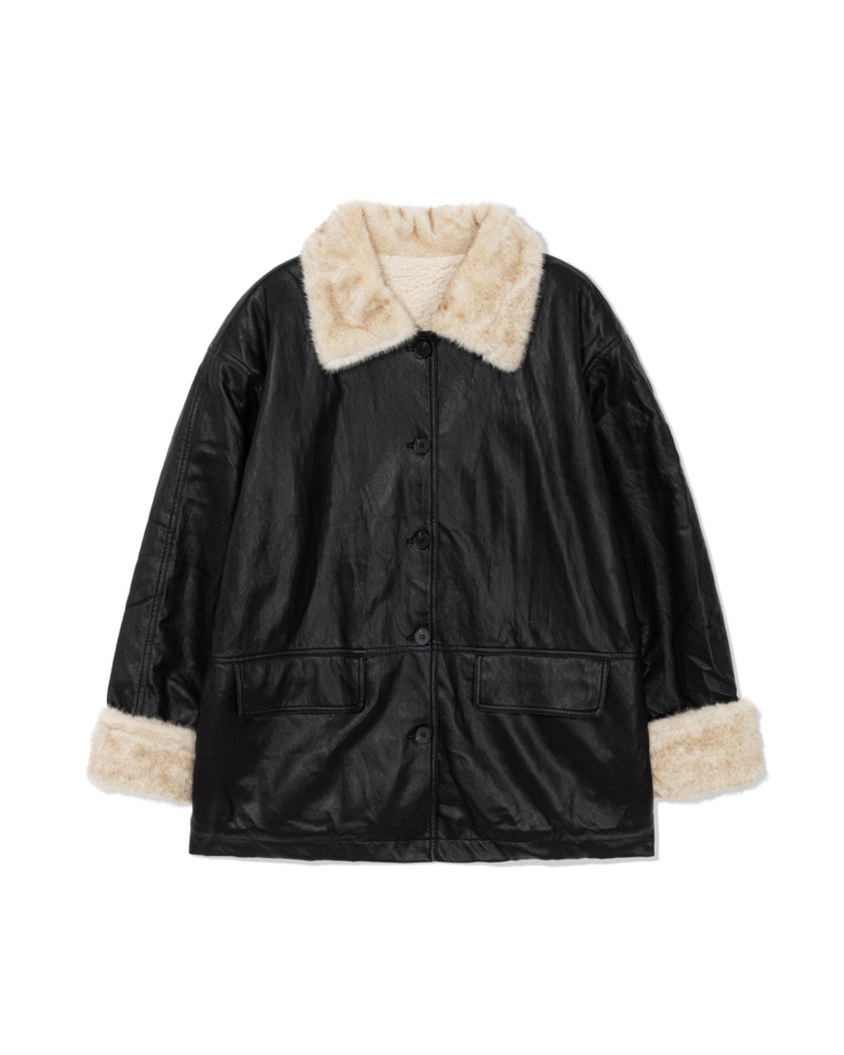 모아(MOAA) Faded fur leather coat (Noir cream)