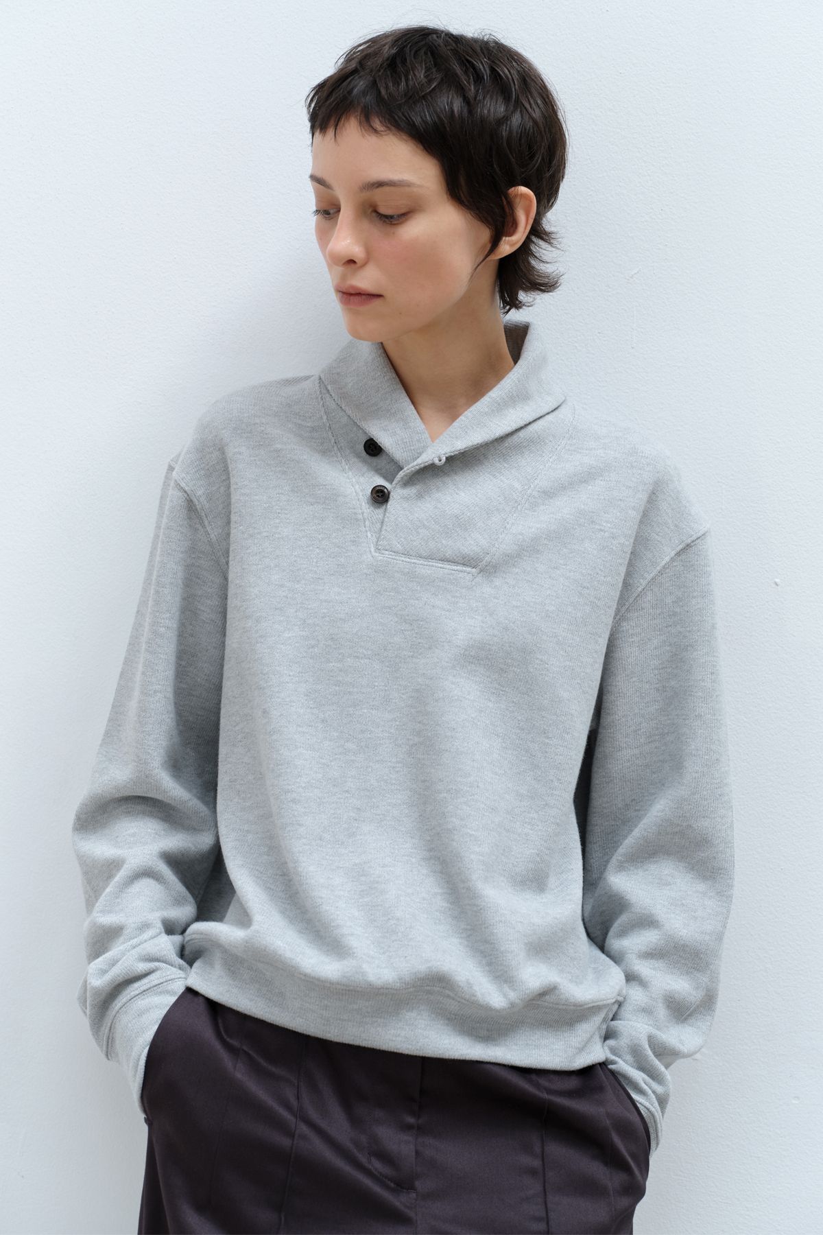 콥키노(KOBKINO) SHAWL COLLAR SWEATSHIRT (MELANGE GREY)