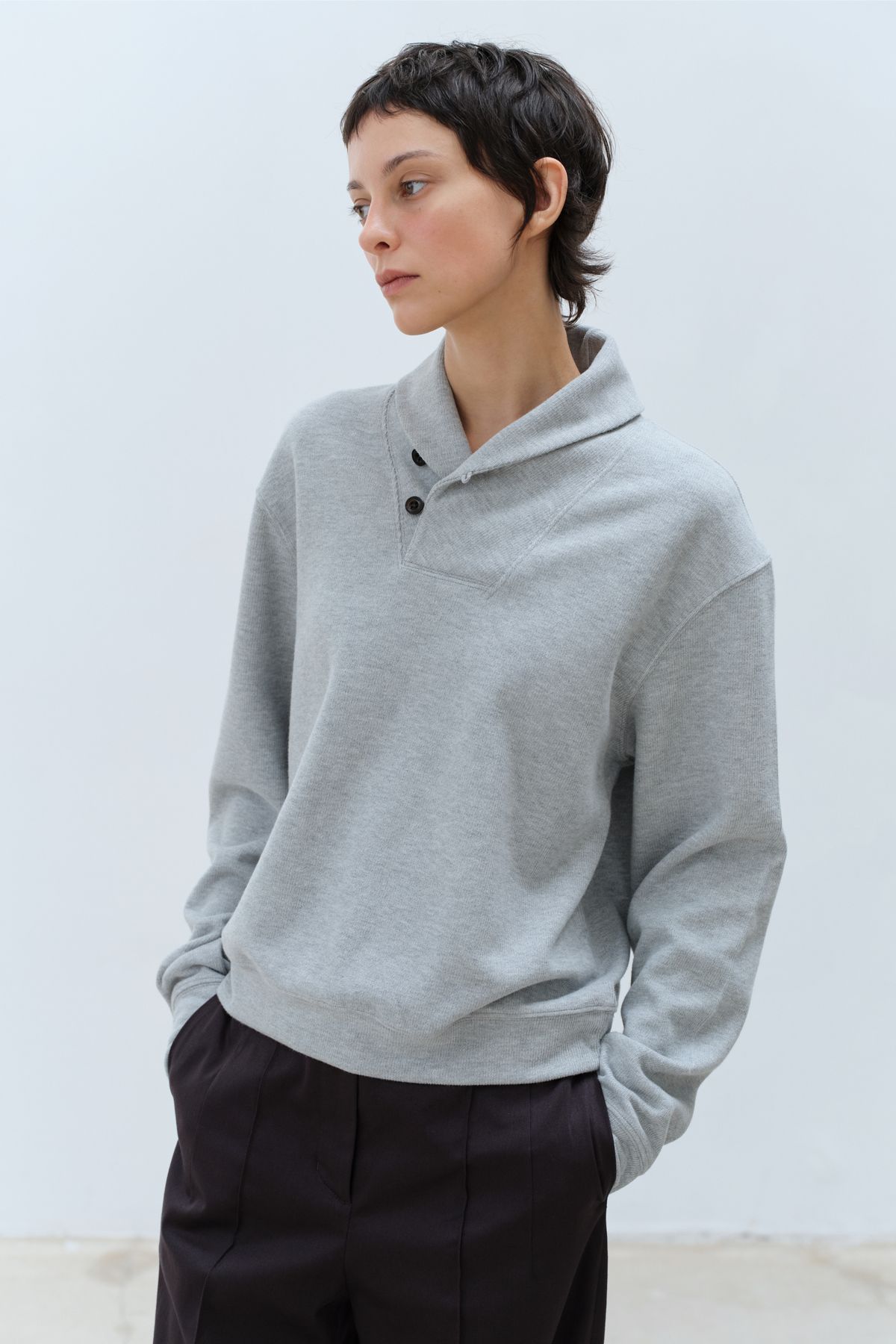 콥키노(KOBKINO) SHAWL COLLAR SWEATSHIRT (MELANGE GREY)