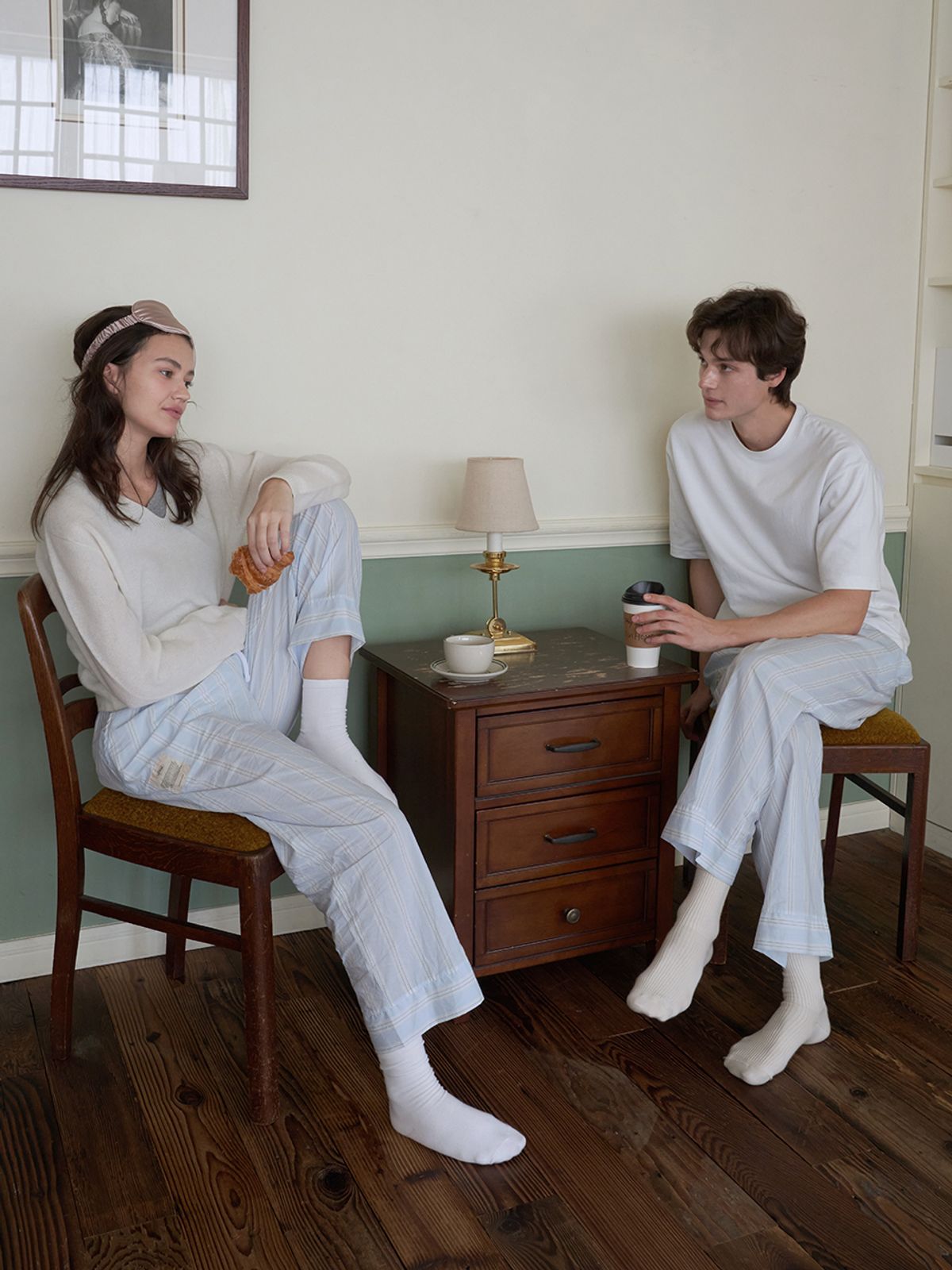 비비홈(VIVIHOME) (uni) 메모리오브파리 스트라이프 면모달 팬츠 블루밍(2sizes)