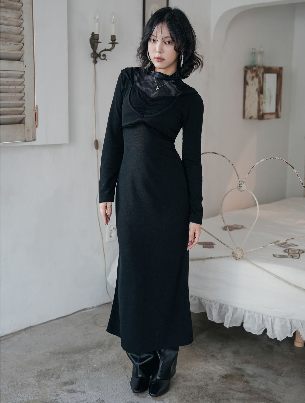미미몽드(MIMI MONDE) Lace hoodie dress(Black)