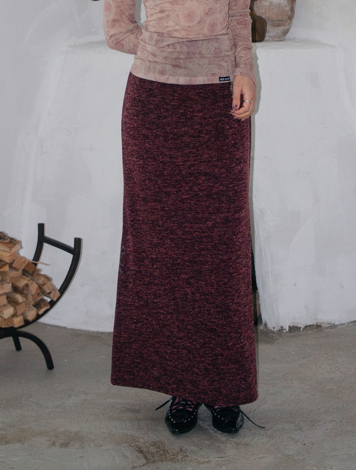 미미몽드(MIMI MONDE) Studded maxi skirt(Wine)