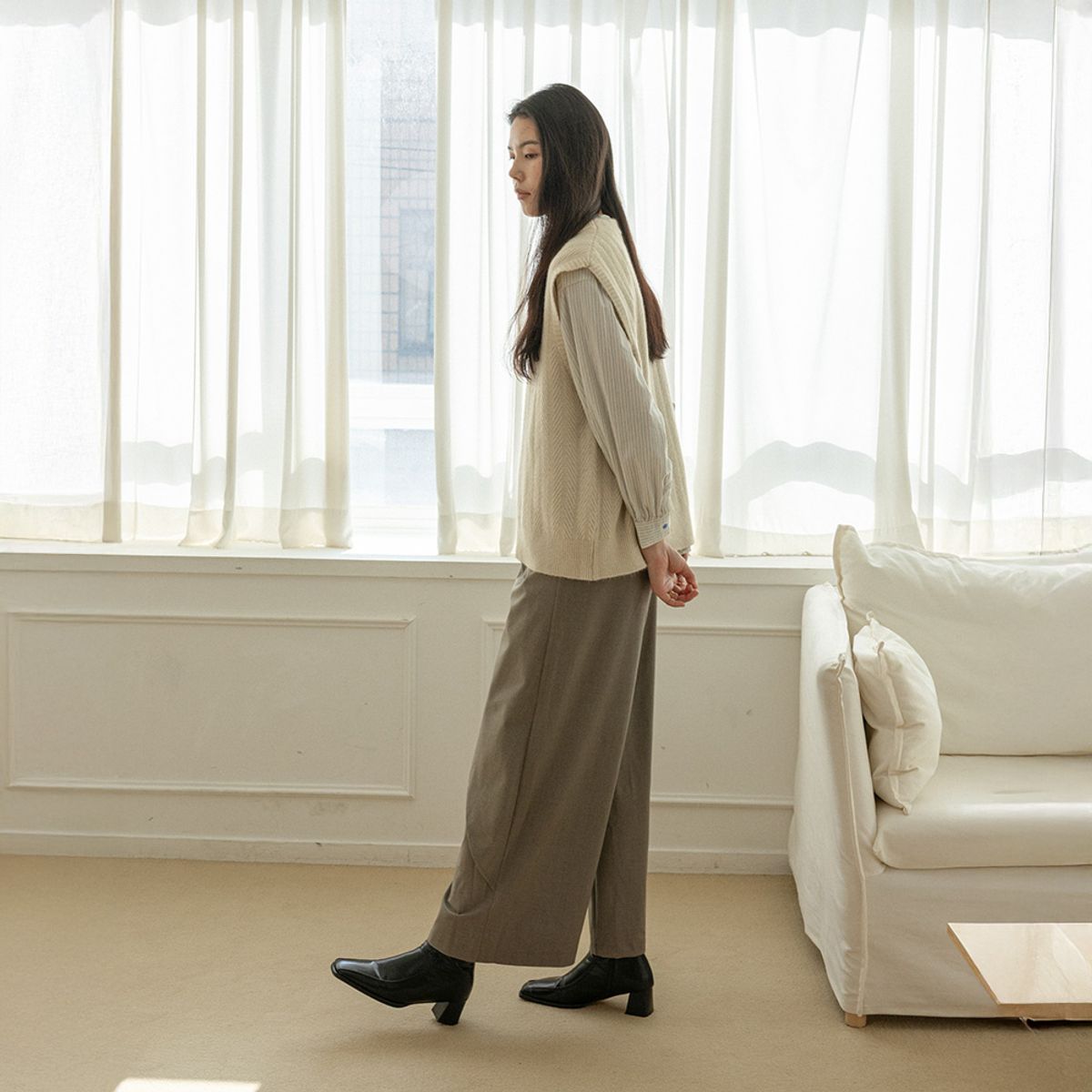 랭썬(LANGSON) LS_Side curtain loose pants_KHAKI GRAY