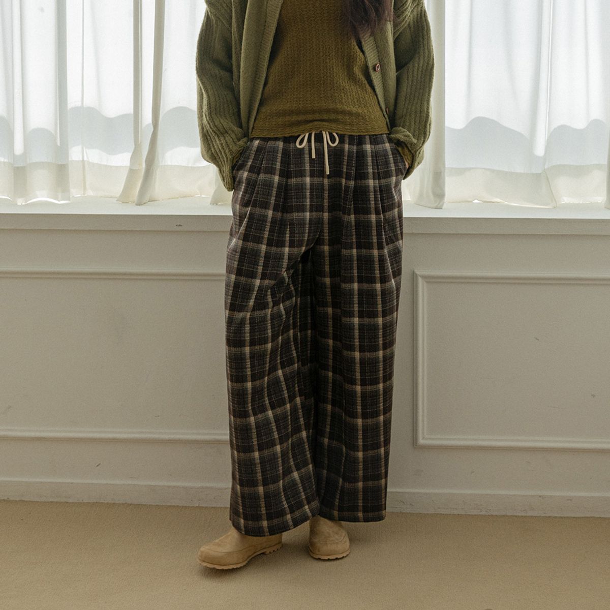 랭썬(LANGSON) LS_Plaid straight-leg drawstring pants_2color
