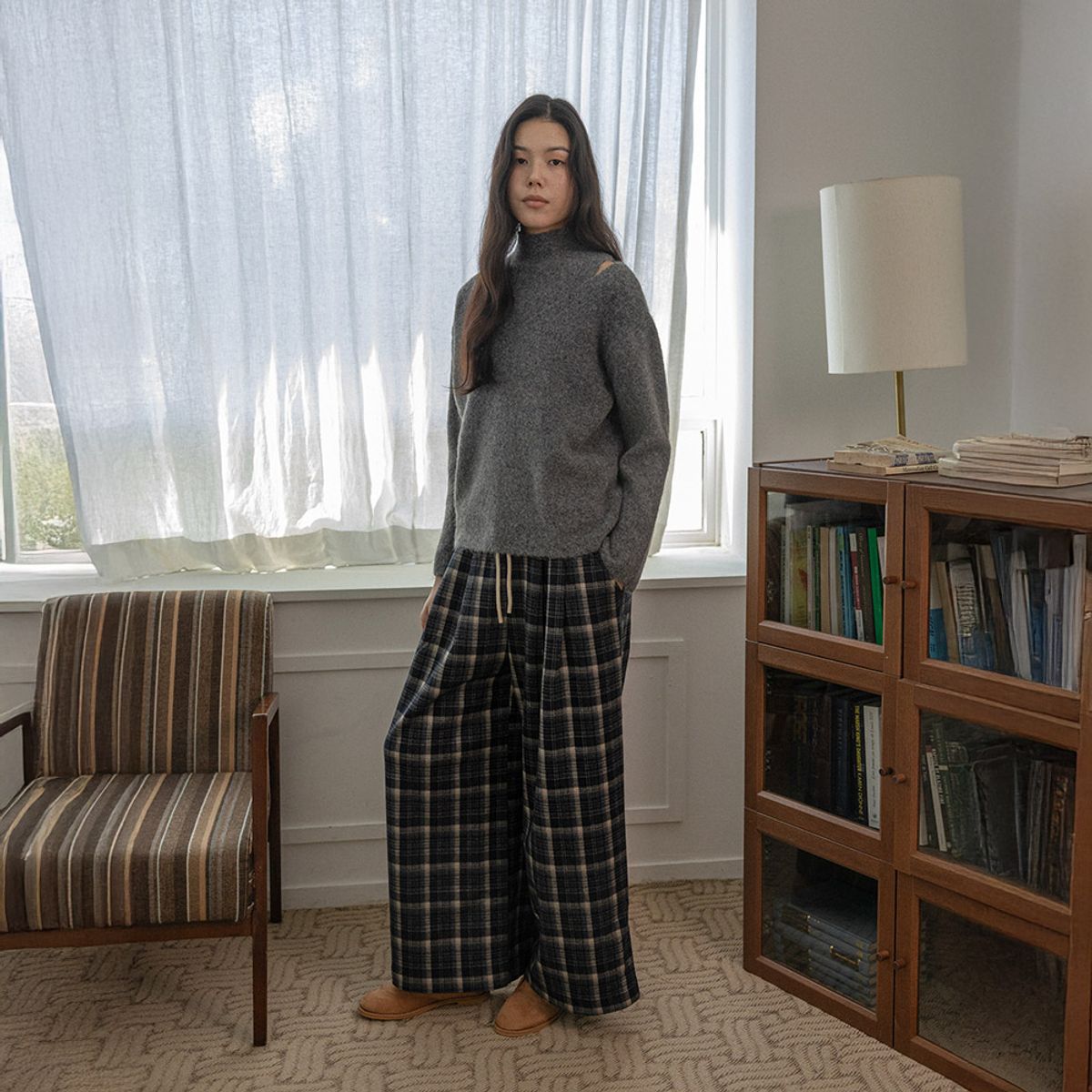 랭썬(LANGSON) LS_Plaid straight-leg drawstring pants_2color