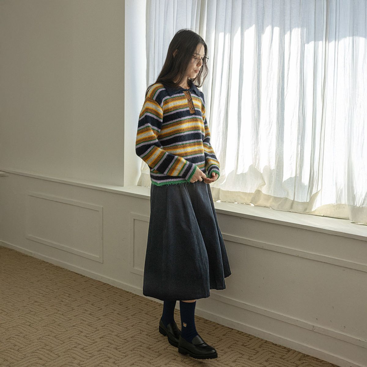 랭썬(LANGSON) LS_Lapel color-block striped knit top_BROWN