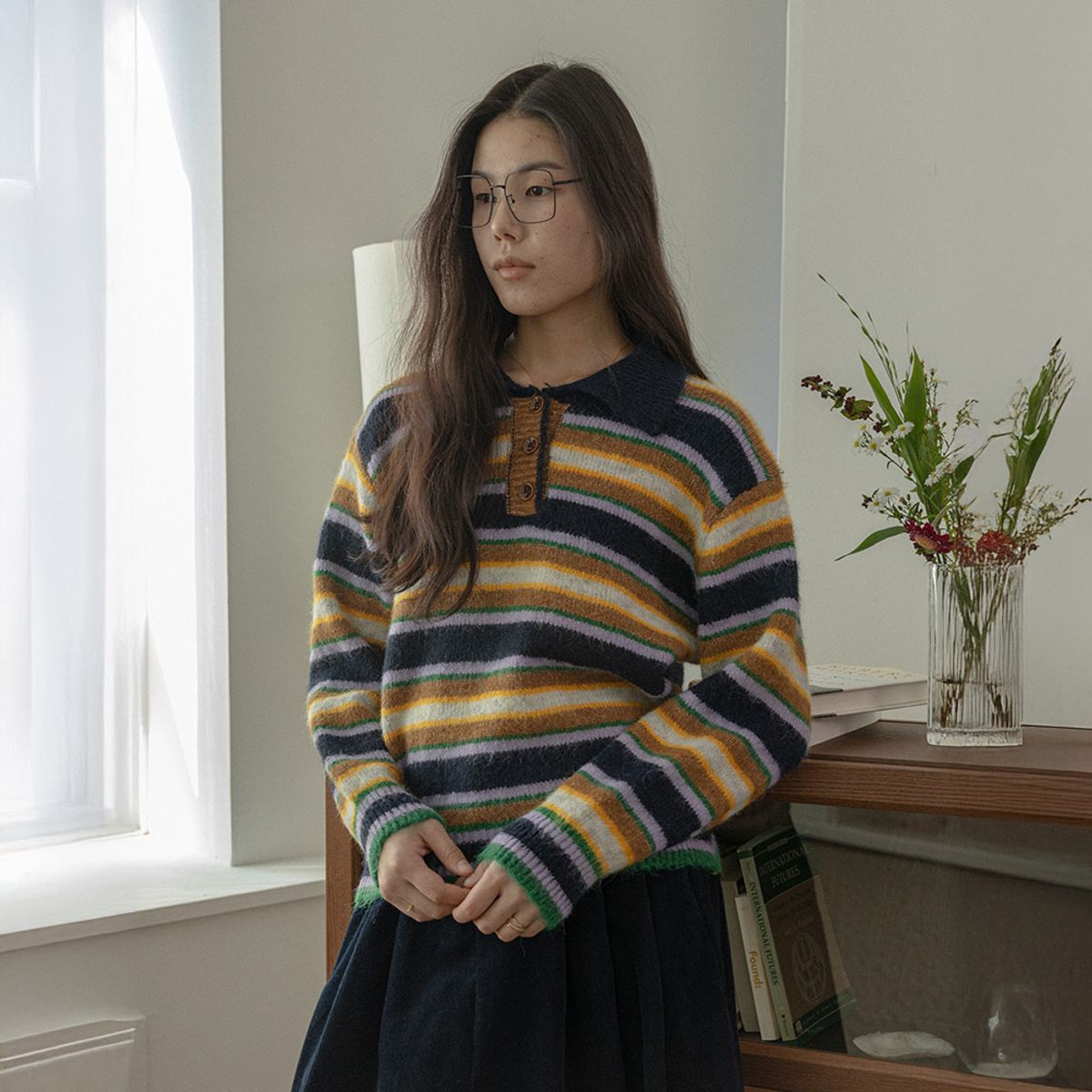 랭썬(LANGSON) LS_Lapel color-block striped knit top_BROWN