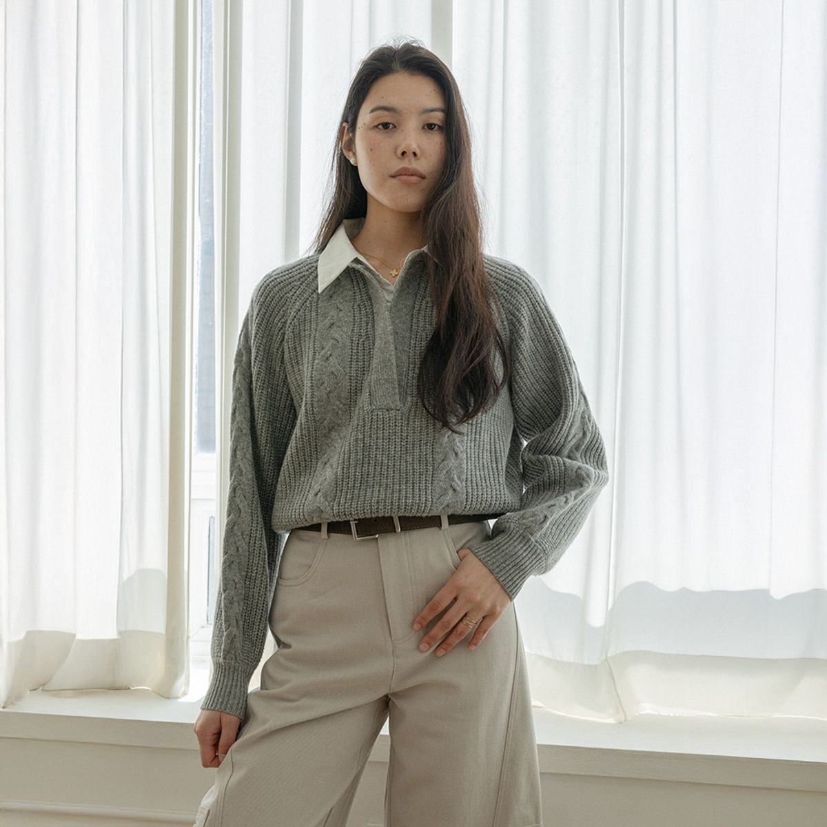 랭썬(LANGSON) LS_Fake two-piece shirt knit top_2color