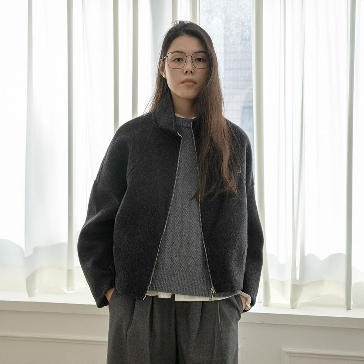 랭썬(LANGSON) LS_Zipper stand collar short coat_2color