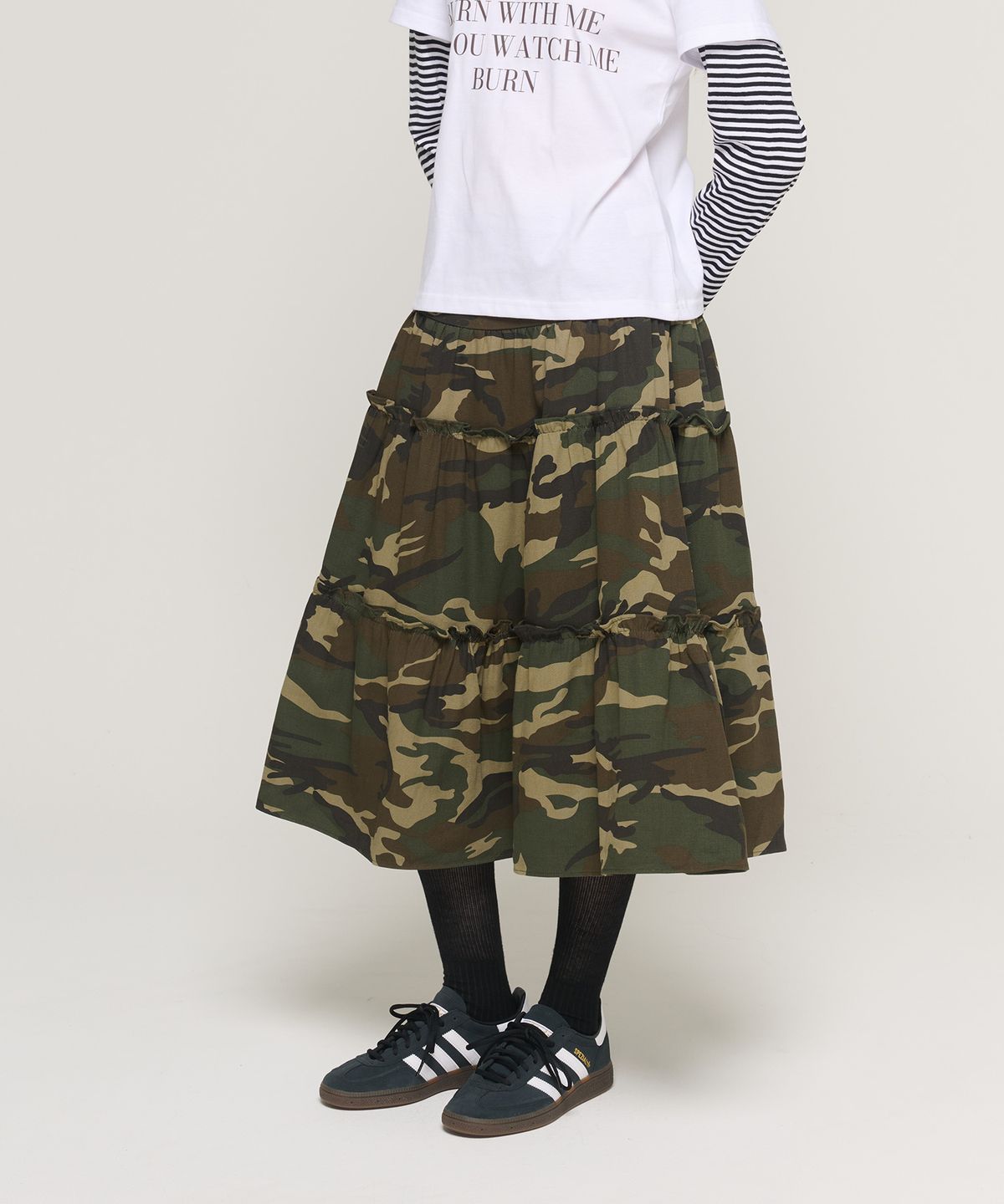 카고브로스 포 우먼(CARGOBROS FOR WOMAN) 카모 프릴 밴딩 롱 스커트 (카모)