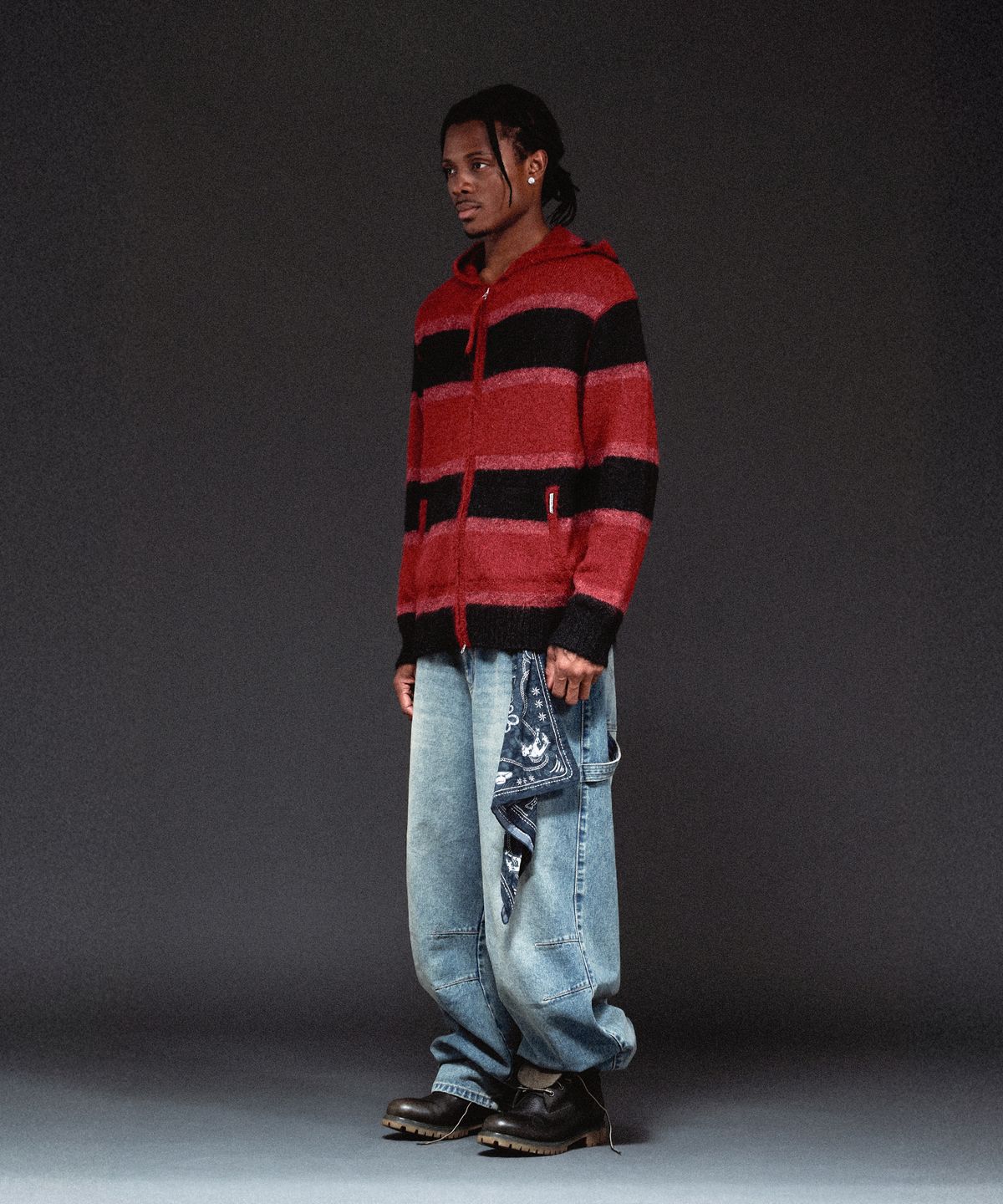 더바이닐하우스(THEVINYLHOUSE) STRIPE KNIT HOODIE ZIP-UP RED