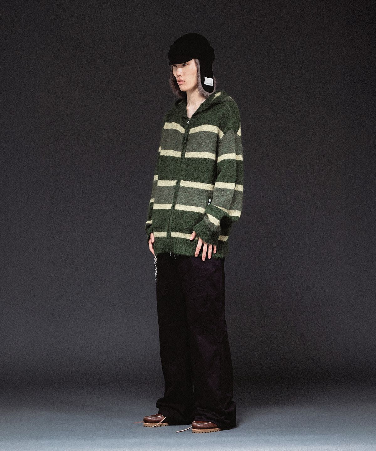더바이닐하우스(THEVINYLHOUSE) STRIPE KNIT HOODIE ZIP-UP KHAKI