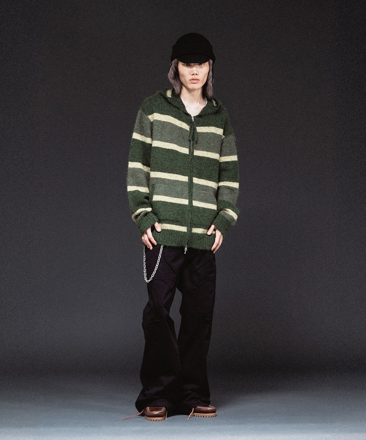 더바이닐하우스(THEVINYLHOUSE) STRIPE KNIT HOODIE ZIP-UP KHAKI