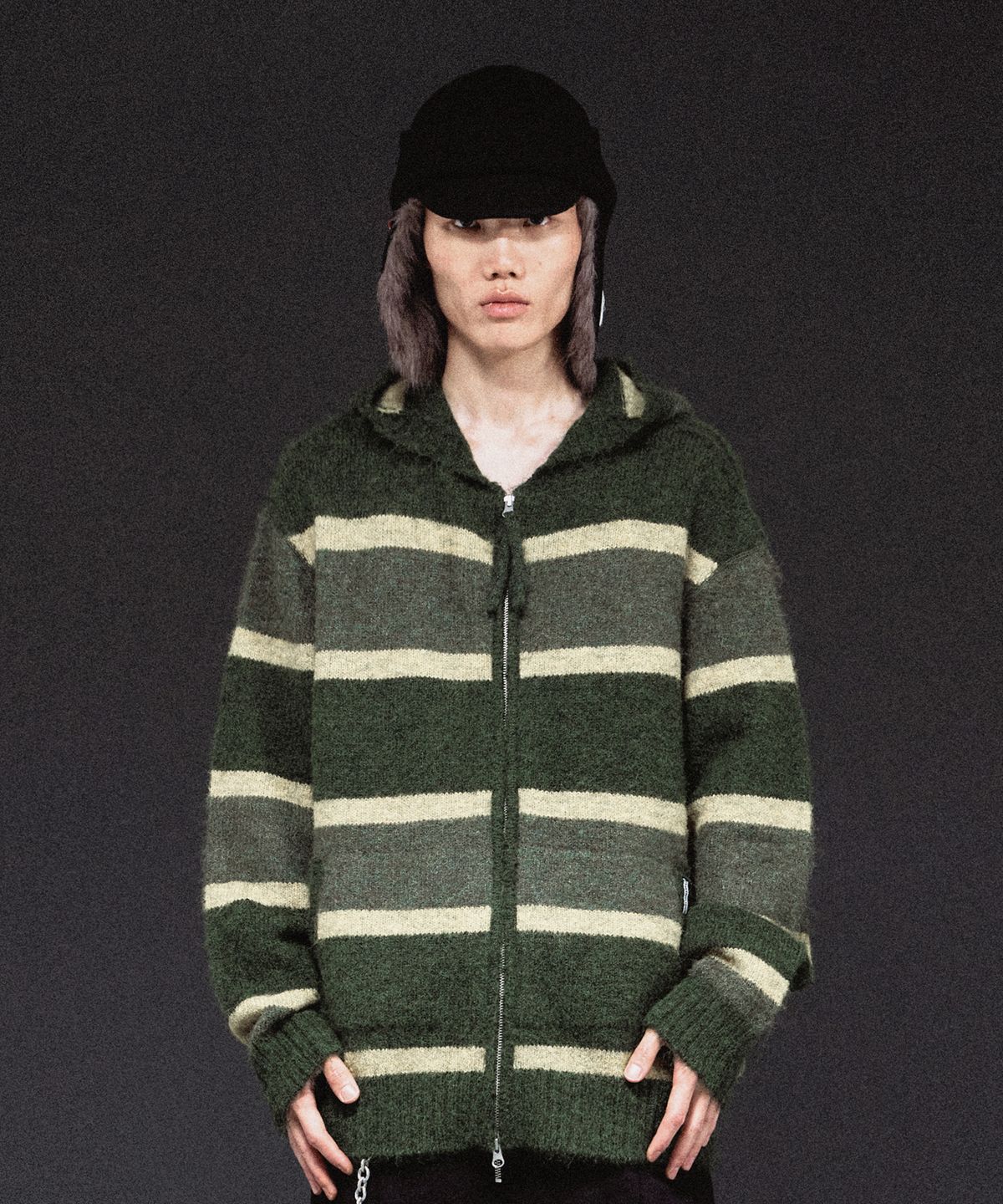 더바이닐하우스(THEVINYLHOUSE) STRIPE KNIT HOODIE ZIP-UP KHAKI