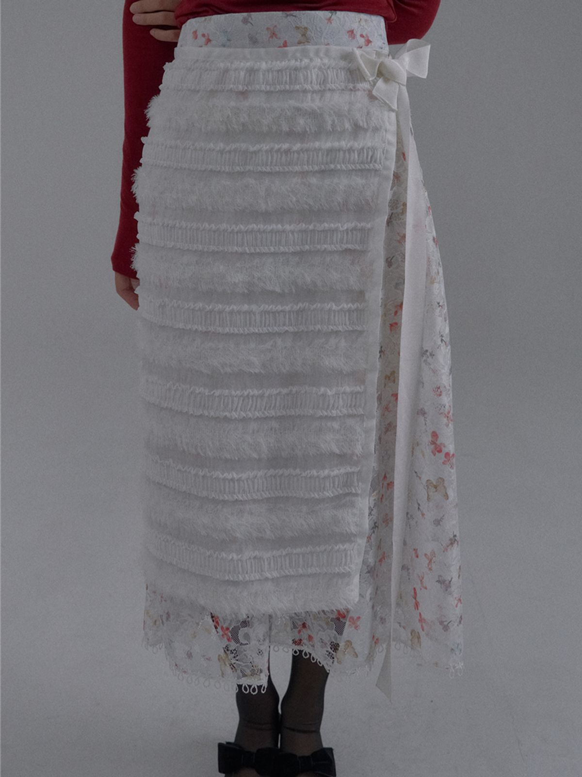 쏘리, 투 머치 러브(SORRY, TOO MUCH LOVE) Fringe Chiffon Layered Wrap Skirt_White