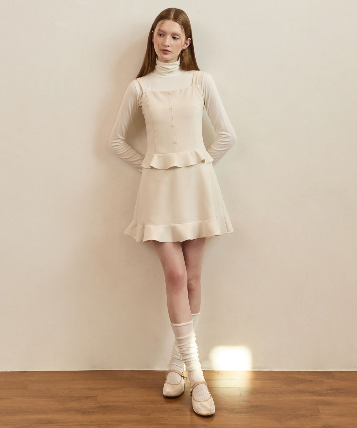 어다울(ADAUL) Button double flare line mini dress - ivory